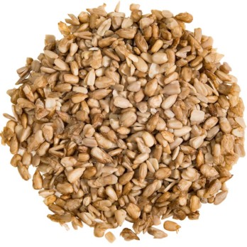 Image shows a circle of organic sprouted sunflower seeds on a white background