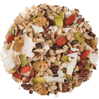 Image shows a small circle of Seaweed Surf Snack mixture with goji berries, hemp seeds, sunflower seeds, pumpkin seeds and coconut ribbons on a white background.