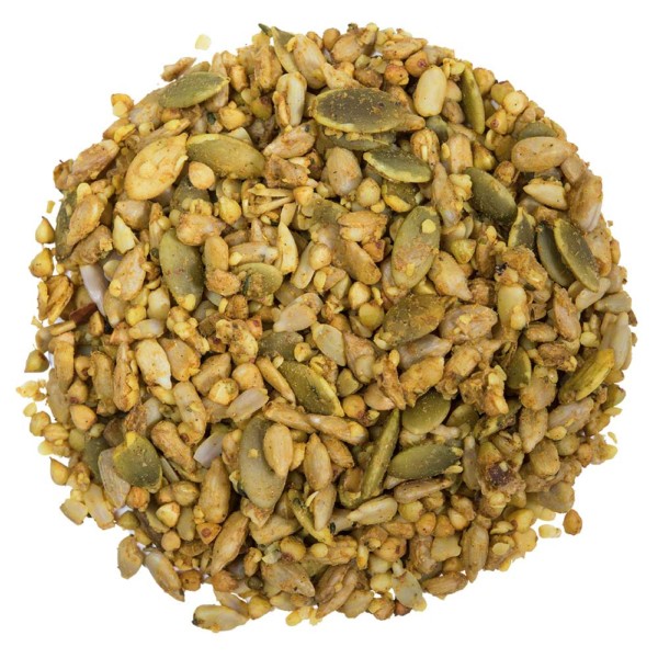 Image shows a small circle of sunflower, hemp and pumpkin seeds coloured light yellow on a white background.