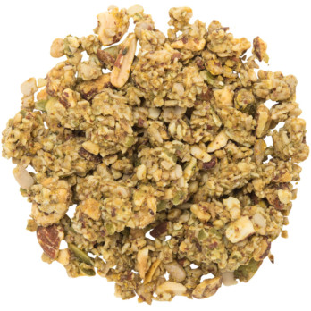 Image shows a small circle of almond and pumpkin seed clusters on a white background
