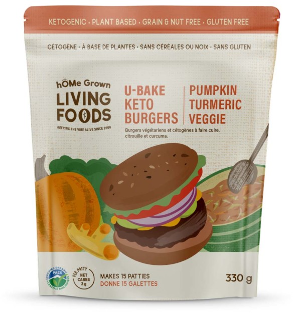 Image shows a bag of hOMe Grown Living Foods pumpkin turmeric KETO, organic, plant based, gluten free burger mix standing up. Cartoon picture of a burger on the front with vegetables surrounding it.