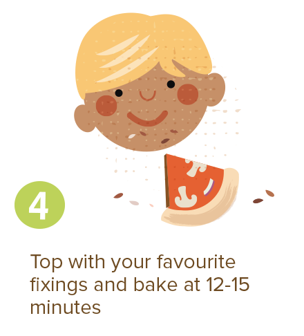 Top with your favourite fixings and bake at 12-15 minutes