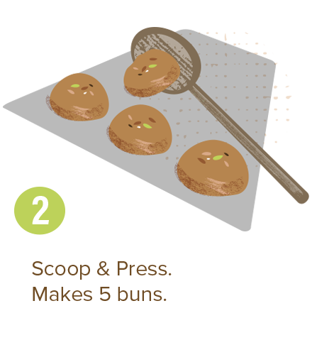 Scoop & Press. Makes 5 buns.
