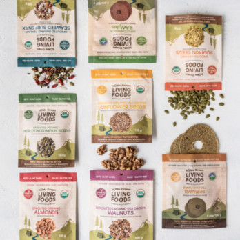 Image shows either different bags of sprouted products, pumpkin seeds, almonds, walnuts, RAWgles, and surf snacks with ingredients spilling out placed in three lines side by side