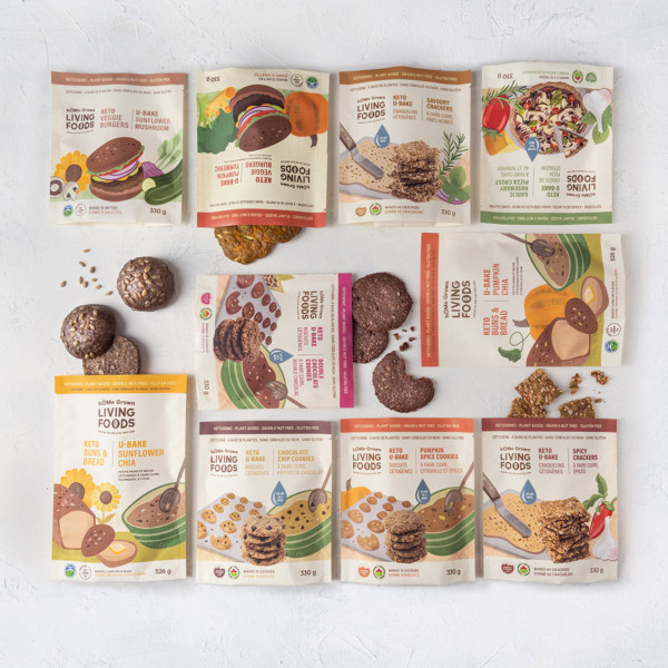 Image shows a variety of KETO product packages lined up to make a square, images are upsidedown, sideways and standing up.