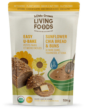 Bag of hOMe Grown Living Foods KETO, organic, gluten free, plant based Sunflower Chia bread bread mix standing up