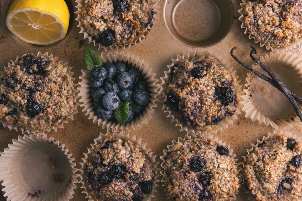 Cooked lemon blueberry muffins in tins